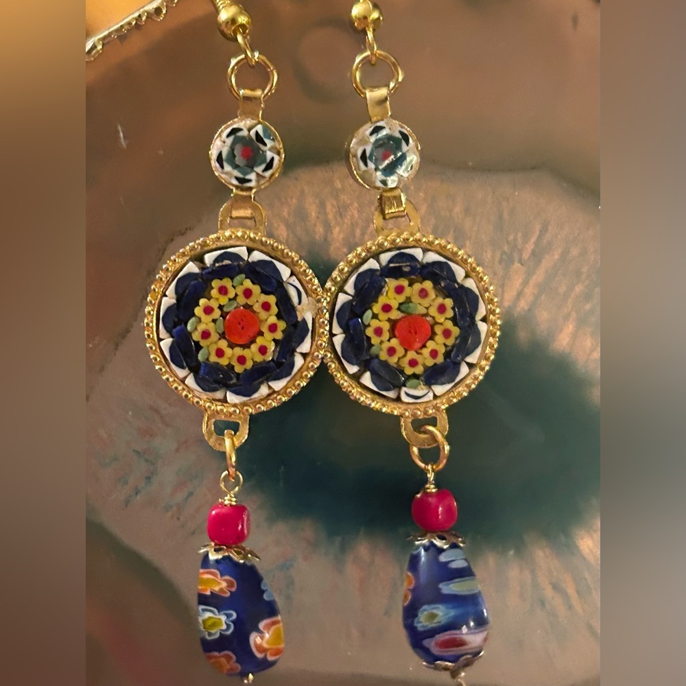 Gold-Tone Blue Floral Micro Millefiori Drop Earrings